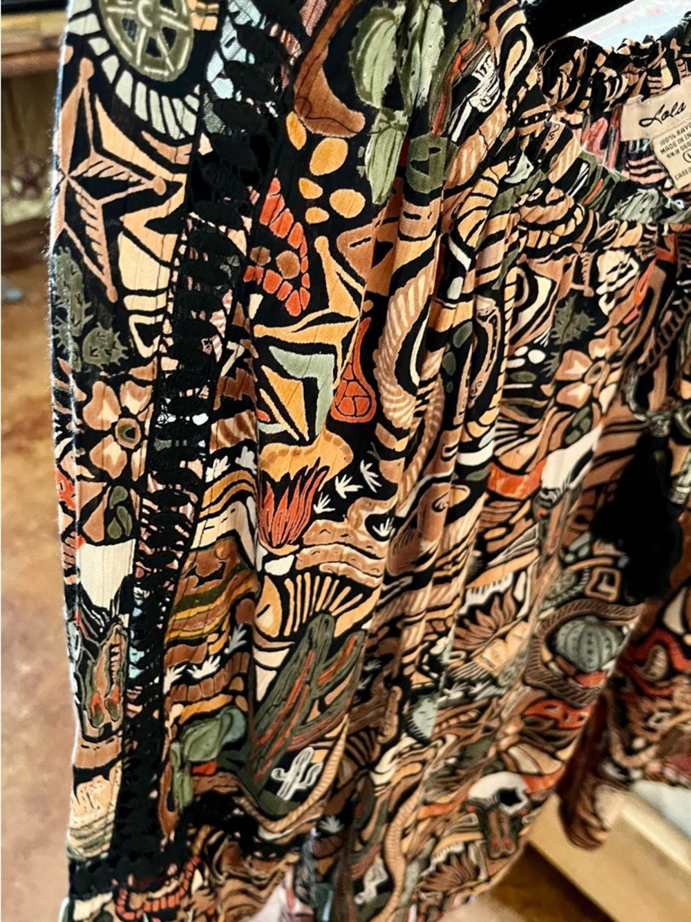 Western Boho Printed Tiered Pants & Top Set NEW. Unique Lattice Sheer Panels FUN - Picture 11 of 13